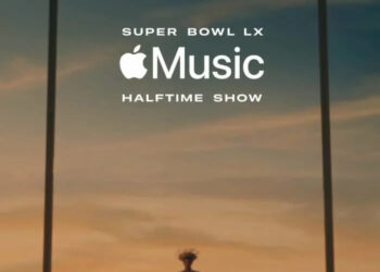 Person sitting on a goalpost crossbar at sunset with text: "Super Bowl LX Apple Music Halftime Show."