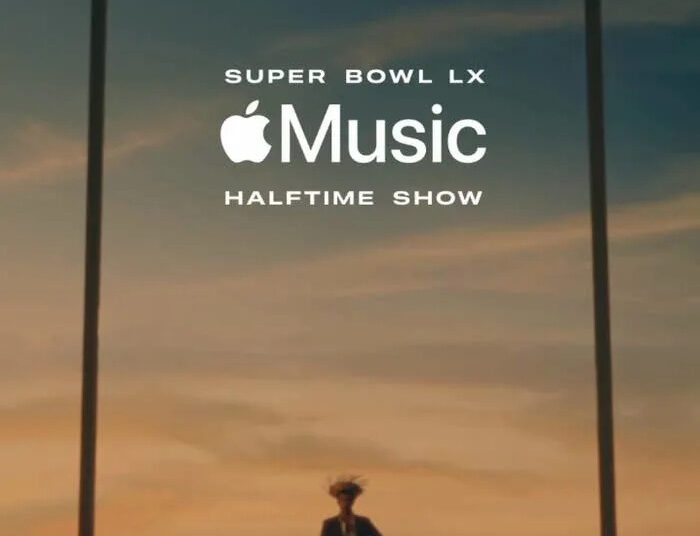Person sitting on a goalpost crossbar at sunset with text: "Super Bowl LX Apple Music Halftime Show."