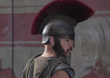 Matt Damon as Odysseus in The Odyssey, wearing Grecian Empire garb.