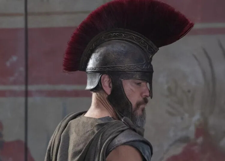 Matt Damon as Odysseus in The Odyssey, wearing Grecian Empire garb.