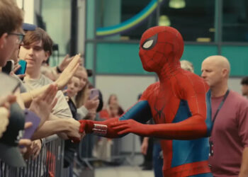 Tom Holland met fans while in costume on the set of Spider-Man: Brand New Day. (Sony Pictures/Marvel)