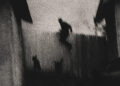 A grainy, black and white image of a person jumping over a fence with two dogs nearby. Parental advisory label in the corner.
