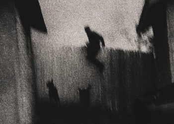 A grainy, black and white image of a person jumping over a fence with two dogs nearby. Parental advisory label in the corner.