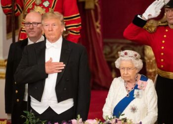 Trump and the late Queen at the 2019 state banquet. Pic: PA
