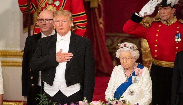 Trump and the late Queen at the 2019 state banquet. Pic: PA