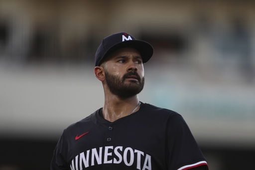 FILE - Minnesota Twins pitcher Pablo López walks off the mound after the second inning of a baseball game against the Athletics