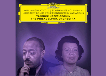Album cover featuring illustrated portraits of a man and a woman against a purple background, with text listing composers, conductor, and The Philadelphia Orchestra.