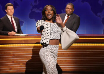 Anchor Colin Jost, Ego Nwodim as Miss Eggy, and anchor Michael Che during Weekend Update on Saturday, May 17, 2025