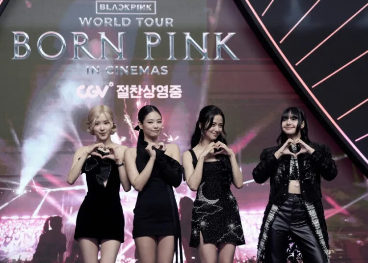 From right, Lisa, Jisoo, Jennie and Rose from YG Entertainment’s BLACKPINK pose during an event to promote the girl group’s ‘World Tour [Born Pink] In Cinemas’ concert films marking the group’s eighth anniversary in Seoul Friday, Aug. 9, 2024. (AP Photo/Ahn Young-joon)
