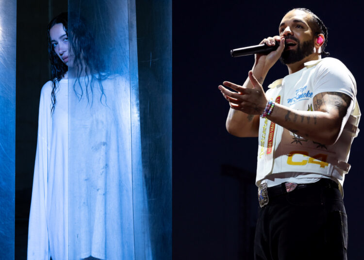 Julia Wolf stands behind a translucent blue curtain, and Drake stands with a microphone while performing on stage at night.