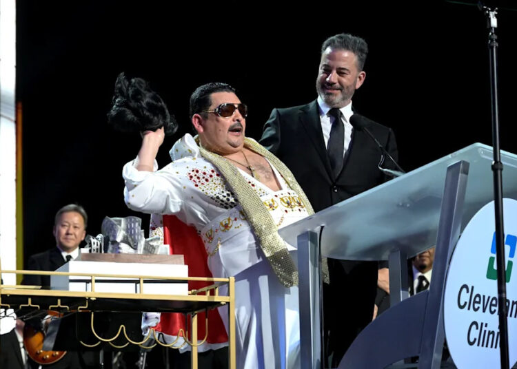 Guillermo Rodriguez and Jimmy Kimmel speak onstage as Keep Memory Alive hosts star-studded lineup at annual "Power Of Love" gala at MGM Grand Garden Arena on Feb. 22, 2025 in Las Vegas.
