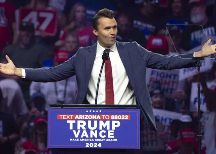 Kirk speaking at a Trump rally in 2024
