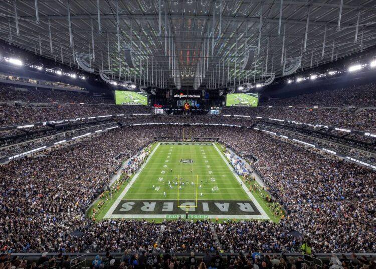 General view of the Las Vegas Raiders playing against the Los Angeles Chargers in an NFL game a ...