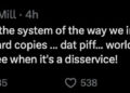 Tweet by Meek Mill discussing changes in music consumption, mentioning hard copies, DatPiff, and WorldStar, with engagement stats below.