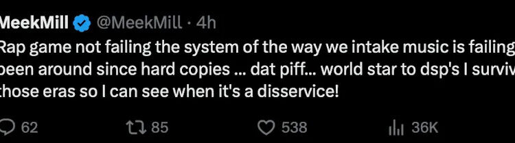 Tweet by Meek Mill discussing changes in music consumption, mentioning hard copies, DatPiff, and WorldStar, with engagement stats below.