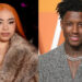 Two people are side by side; Ice Spice has orange hair and a fur coat, Sauce Gardner has short hair and a checkered suit.