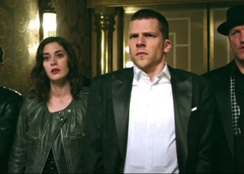 Dave Franco, Lizzy Caplan, Jesse Eisenberg, Woody Harrelson all lined up in Now You See Me 2.