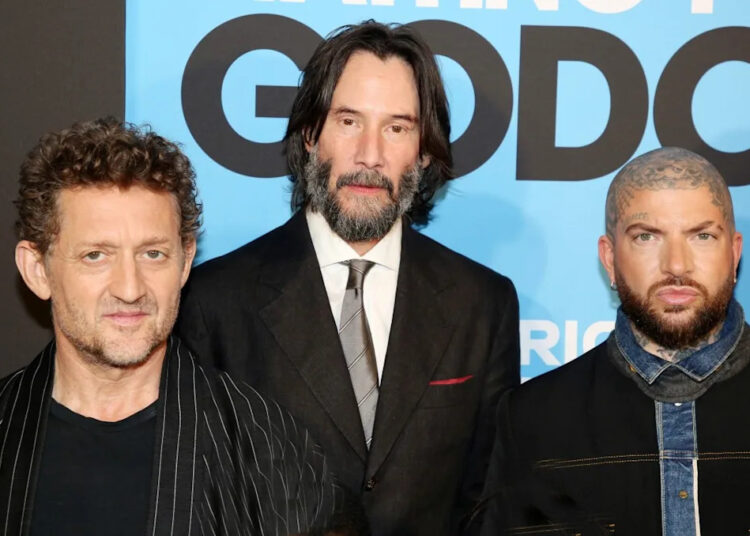 From left: Alex Winter, Keanu Reeves and theater director Jamie Lloyd at the opening night of “Waiting for Godot” on Broadway. WireImage