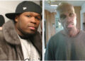 Two images of 50 Cent. Left: wearing a hat and fur coat. Right: looking thinner, wearing a gray shirt indoors.