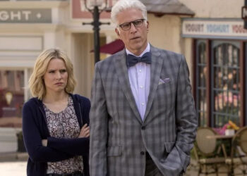 Eleanor stands behind Michael with arms folded in The Good Place