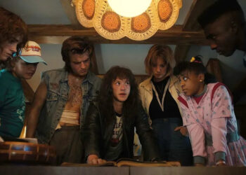 Netflix From left: Natalia Dyer as Nancy Wheeler, Gaten Matarazzo as Dustin Henderson, Joe Keery as Steve Harrington, Joseph Quinn as Eddie Munson, Maya Hawke as Robin Buckley, Priah Ferguson as Erica Sinclair, Sadie Sink as Max Mayfield, and Caleb McLaughlin as Lucas Sinclair in 'Stranger Things' season 4