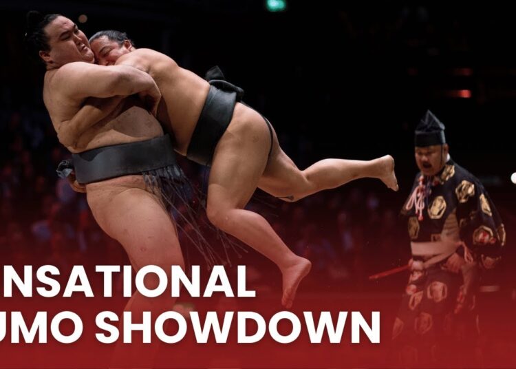 Action from day two of the Grand Sumo Tournament at the Royal Albert Hall
