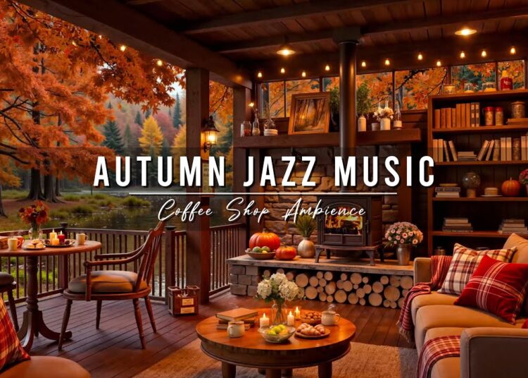 Autumn Jazz Music 🍂 Cozy Porch Ambience with Relaxing Jazz Instrumental Music & Crackling Fireplace