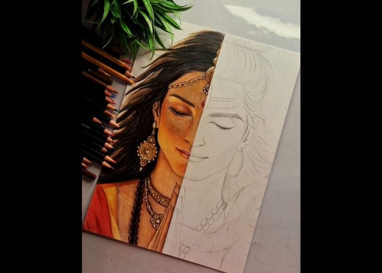 😍Half Drawing Complete – Maa Parvati ka roop ✨#art #shorts #foryou