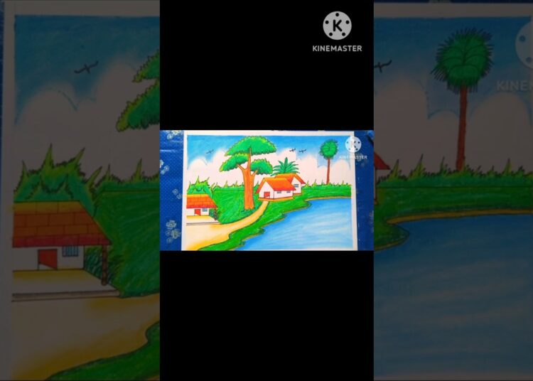 Easy Village Drawing Tutorial oil Pastel #drawing #naturesceneart #village #art #Shorts
