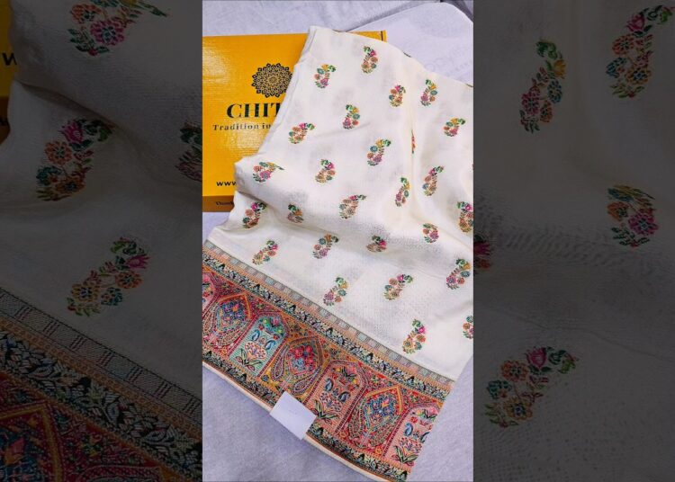🤍 Royal Kashmiri Pashmina Work Dola Silk Saree | Pure Elegance in White | Chitra Apparels #shorts