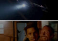 A helicopter shines a spotlight in the dark. Below, a tense scene shows two men, with one restraining the other outside a building