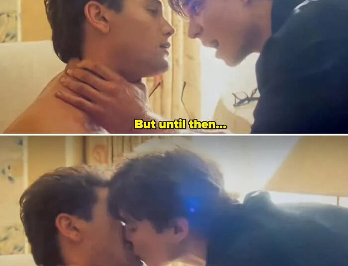 The two actors in the show kissing in their room, with the older brother grabbing the other's throat with a hand and pulling in closer