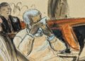 Illustration of Sean Diddy Combs crying in a courtroom during his sentencing hearing.