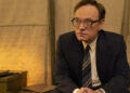 Jared Harris as Valery Legasov seated in a tent in Chernobyl