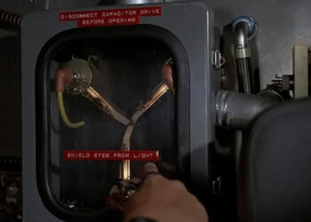 Doc points at the Flux Capacitor in Back to the Future