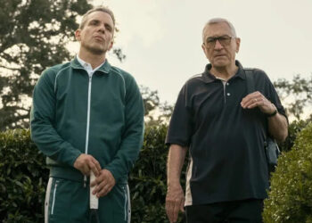Sebastian Maniscalco and Salvo Maniscalco in front of bushes in About My Father
