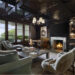 Cozy living space with a fireplace and bar area.