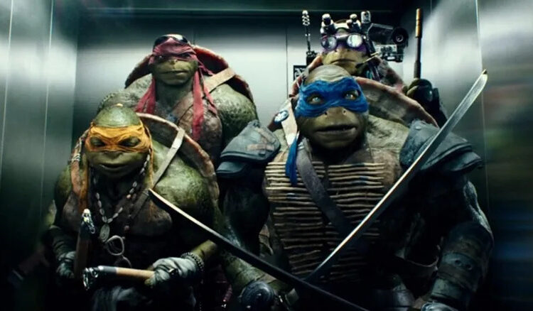 Raphael, Donnie, Mikey, and Leo in an elevator in "Teenage Mutant Ninja Turtles" (2014)