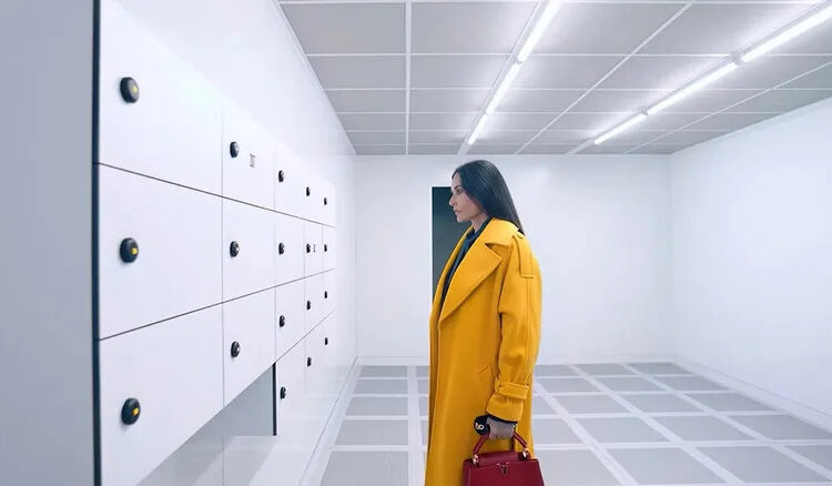 Elisabeth in her yellow coat staring at lockers in The Substance