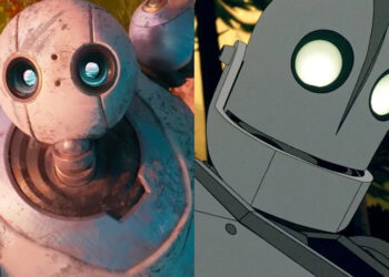 Side-by-side images of The Wild Robot and The Iron Giant's titular characters.