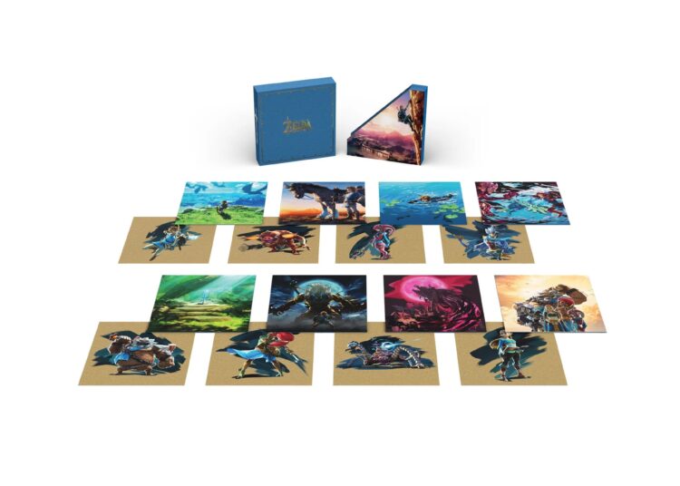 An 8-LP set of music from The Legend Of Zelda Breath of the Wild, featuring a gallery of discs and art laid out in front of a blue box.