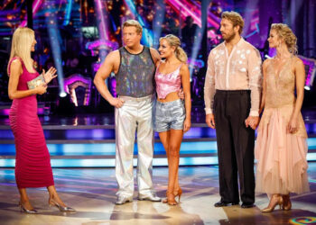 Host Tess Daly with Thomas Skinner, Amy Dowden, Chris Robshaw and Nadiya Bychkova