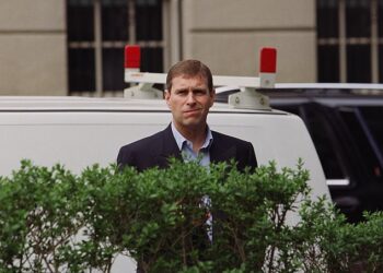 Prince Andrew is pictured after allegedly having a 'lunch date' in New York with Ghislaine Maxwell on April 20, 2000