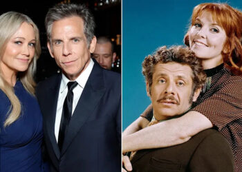 A split image of Ben Stiller and Christine Taylor and Jerry Stiller and Anne Meara.