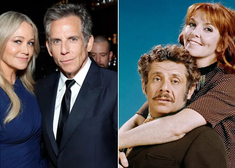 A split image of Ben Stiller and Christine Taylor and Jerry Stiller and Anne Meara.
