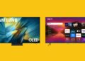 Two TVs against a bright yellow background.