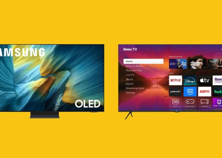 Two TVs against a bright yellow background.