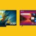 Two TVs against a bright yellow background.