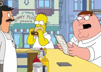 Homer Simpson and Peter Griffin hanging out with Bob at his restaurant in Family Guy