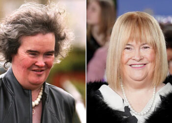 Susan Boyle in 2009 with dark curly hair and now with a blonde bob and glammed up look